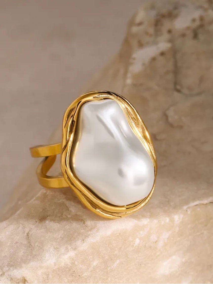 18k Gold Pvd Plated Pearl Statement Ring - Elegant White Pearl Fashion Ring
